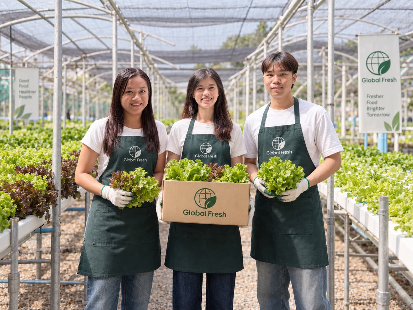 Three people holding fresh lettuce and a Global Fresh produce box in a greenhouse